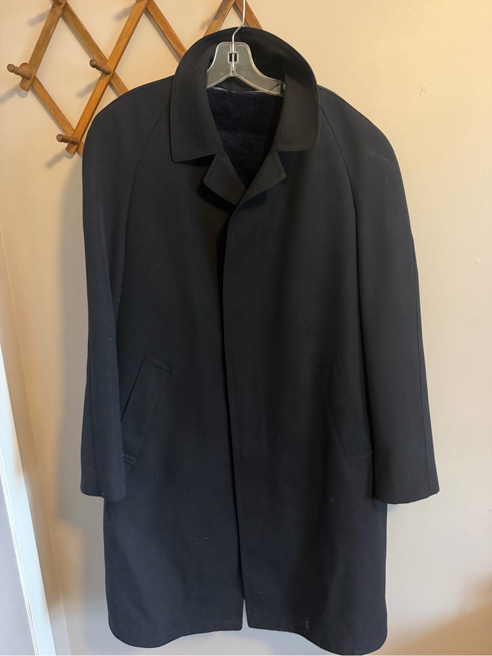 Vintage German Dark Navy Wool Trench Coat Zip In Warmflor Faux Fur Line 52 US 42